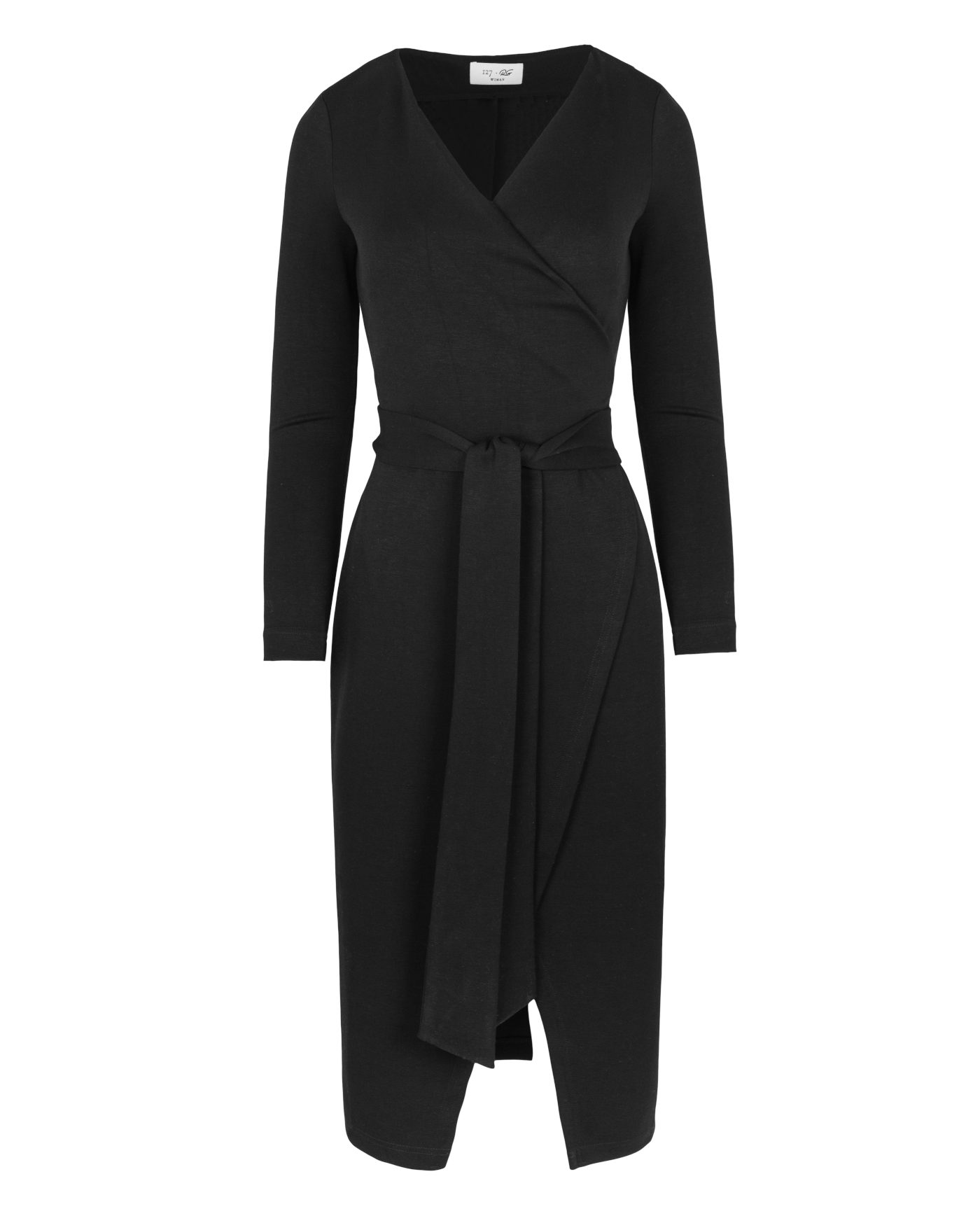 127RG | Stella cotton black wrap dress with binding